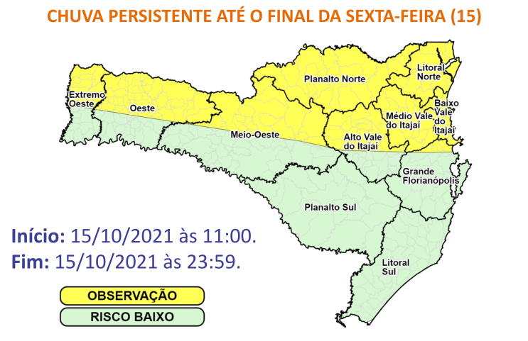 Nas áreas em amarelo do mapa, a Defesa Civil alerta para altos riscos de deslizamentos e alagamentos, enquanto as áreas de Santa Catarina que estão coloridas em azul possuem poucas chances de apresentarem tais ocorrências climáticas – Foto: Defesa Civil/Divulgação/ND