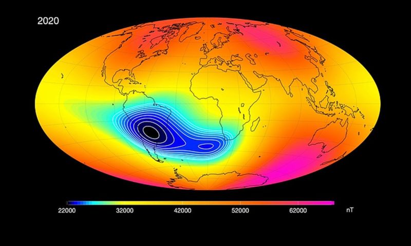 Anomalia do campo magnético é demonstrada por marca escura acima do Sul do Brasil – Foto: Agência Espacial Europeia/Reprodução/ND