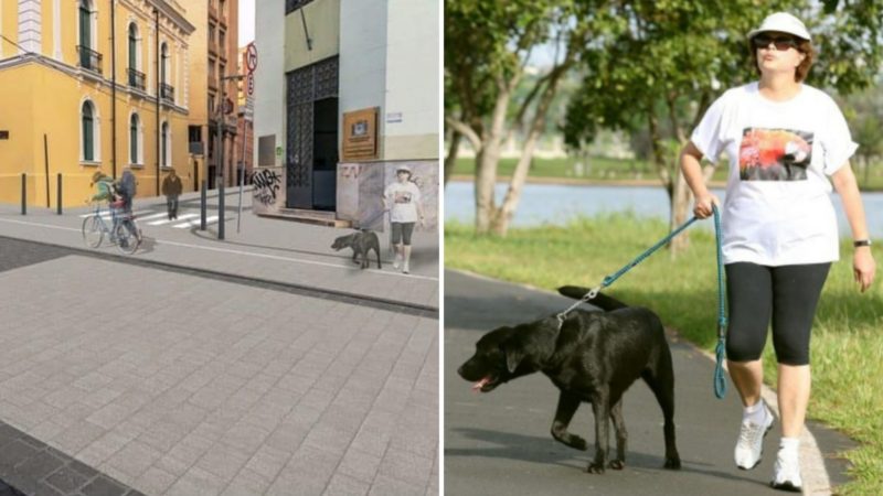 À esquerda, imagem de Dilma Rousseff e cachorro labrador Nego no projeto de revitalização do Centro Leste de Florianópolis; à direita, foto de Dilma passeando com o animal de estimação, em Brasília – Foto: Reprodução/ND