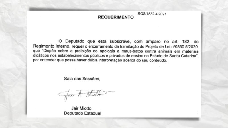 Reprodu&ccedil;&atilde;o de trecho do documento oficial do deputado Jair Miotto para retirada do projeto – Arte: Altair Magagnin/ND
