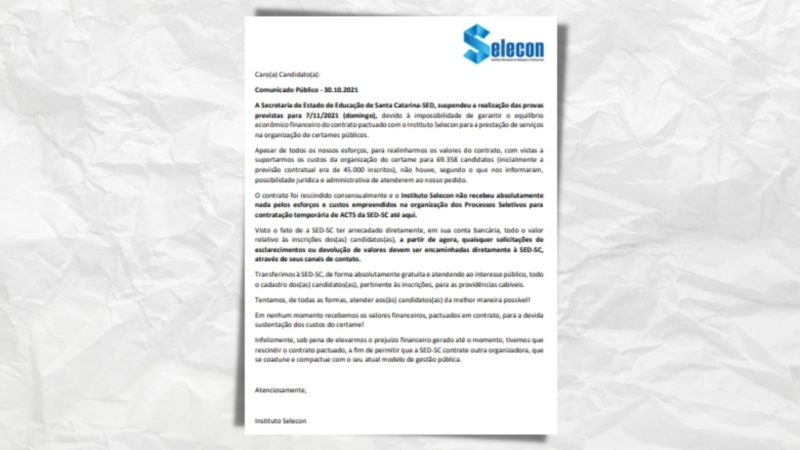 &Iacute;ntegra da nota oficial da empresa Selecon – Arte: Altair Magagnin/ND