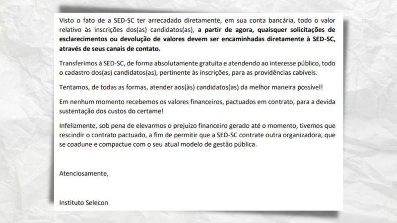 Trecho da nota oficial da empresa Selecon – Arte: Altair Magagnin/ND