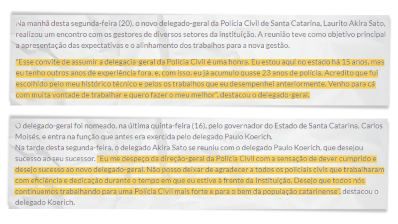Trechos das declarações de Paulo Koerich e Akira Sato divulgados à imprensa no dia 20 – Arte: Altair Magagnin/ND