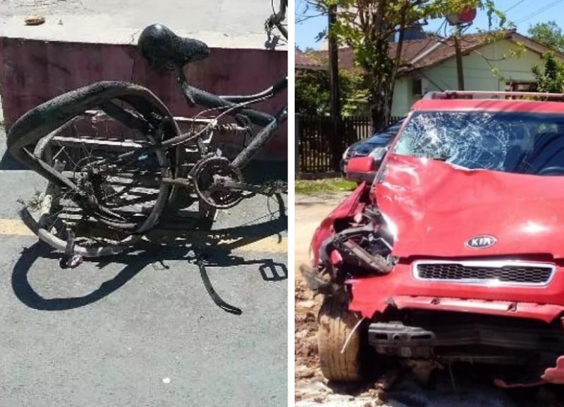 Imagens mostram destruição da bicicleta e do carro