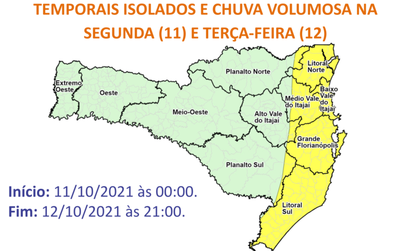 Há risco moderado de ocorrências nas áreas em amarelo do mapa &#8211; Foto: Defesa Civil/Divulgação/ND