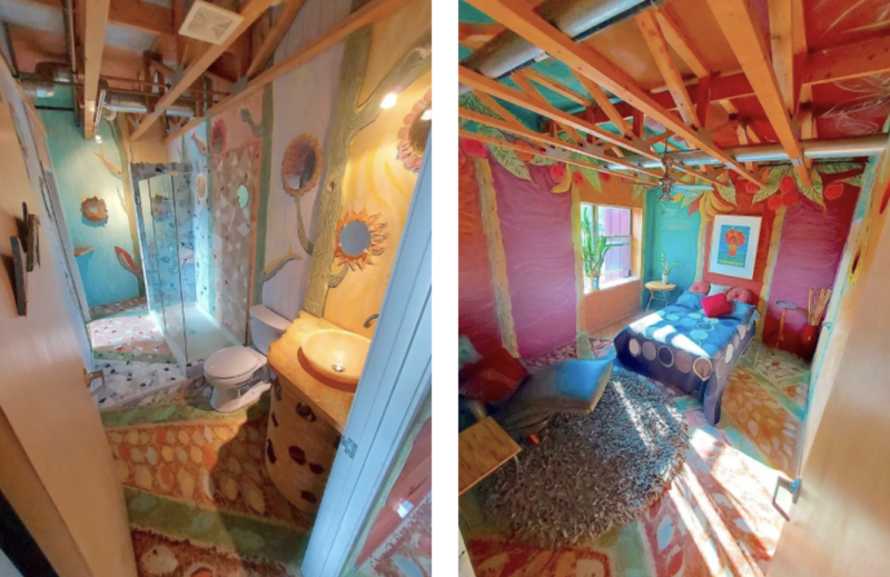 Jeff Seymour introduziu temas e imagens de histórias nas paredes e as misturou com “a beleza e as cores da natureza e da forma humana para criar um caleidoscópio de felicidade” – Foto: Reprodução Zillow