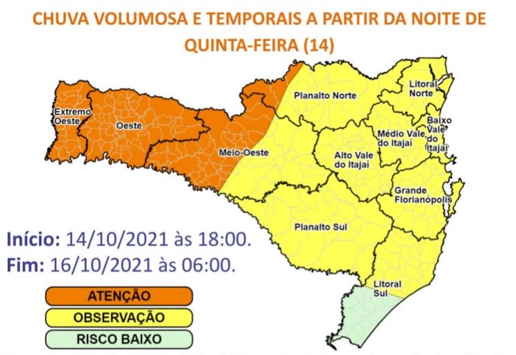 Mapa apresenta intensidades das chuvas no Estado, por regi&atilde;o – Foto: DCSC/Divulga&ccedil;&atilde;o/ND