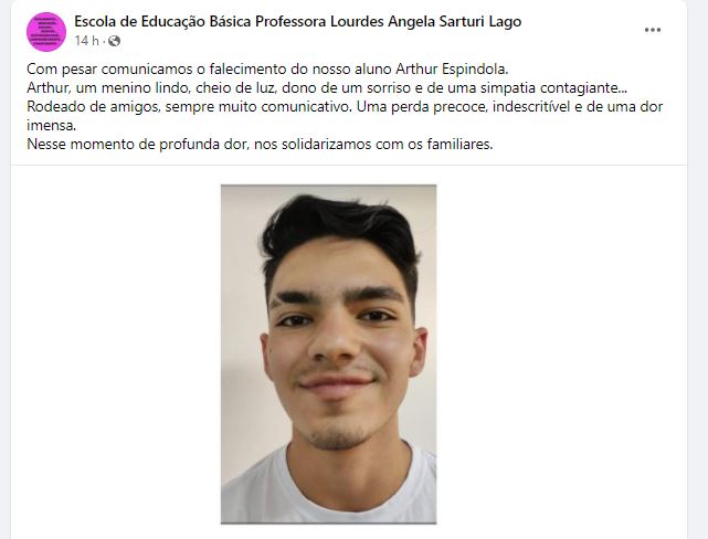 Arthur Espíndola era estudante da EEB Professora Lourdes Angela Sarturi Lago – Foto: Reprodução/ND