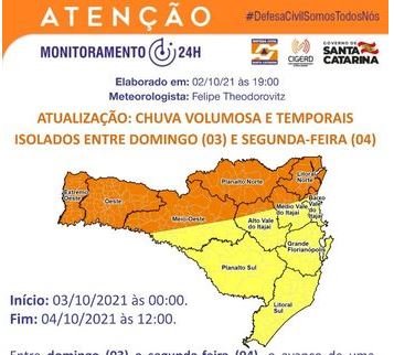 Alerta para intenso volume de chuva neste domingo, em todas as regi&otilde;es – Foto: Defesa Civil/alerta/divulga&ccedil;&atilde;o
