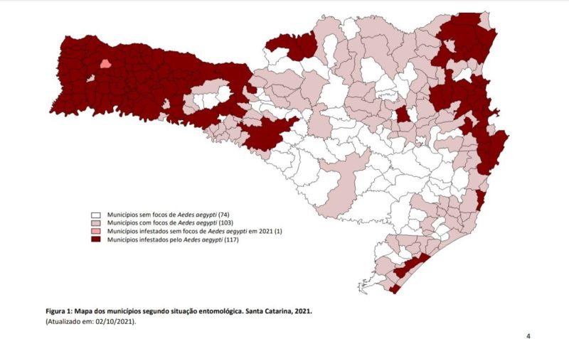 No mapa de Santa Catarina estão identificados os municípios infestados pelo Aedes aegypti – Foto: Infográfico/ Dive/ Reprodução / ND