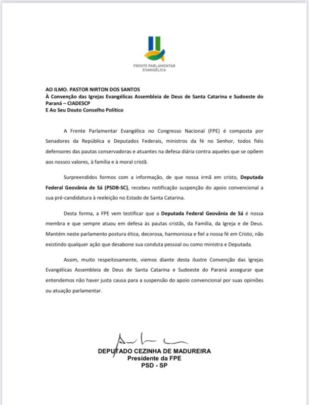 Carta endere&ccedil;ada ao Pastor Nirton dos Santos, presidente da Conven&ccedil;&atilde;o da Assembleia de Deus, foi redigida ap&oacute;s reuni&atilde;o na manh&atilde; desta ter&ccedil;a-feira (5) – Foto: Divulga&ccedil;&atilde;o/ND