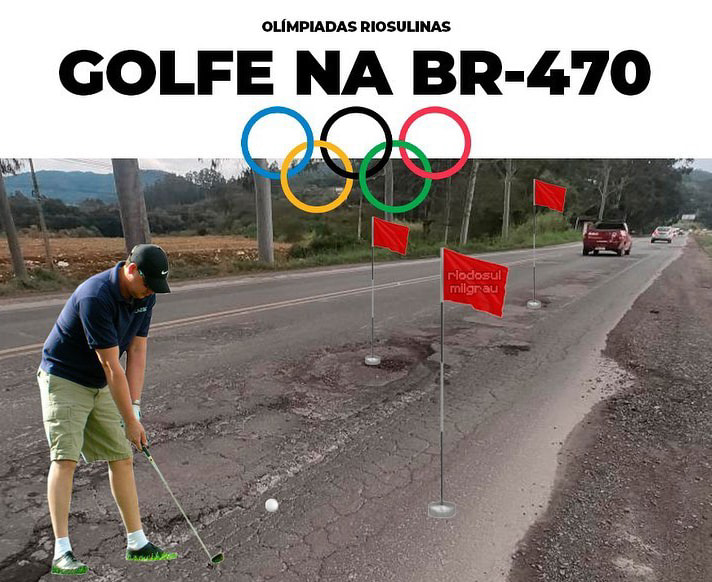 Morador do Alto Vale cria “torneio de golfe” em buracos da BR-470 para chamar a atenção as problemas da rodovia – Foto: Reprodução/Internet