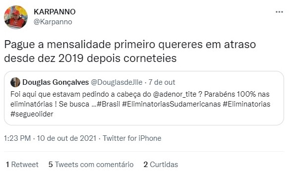 Diretor financeiro “cobrou” mensalidade de torcedor no Twitter na tarde de domingo (10) – Foto: Reprodução/Twitter