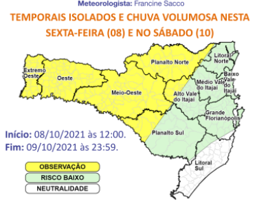 Regi&otilde;es em amarelo est&atilde;o em observa&ccedil;&atilde;o para o registro de ocorr&ecirc;ncia como alagamentos e inunda&ccedil;&otilde;es – Foto: Defesa Civil/Divulga&ccedil;&atilde;o/ND
