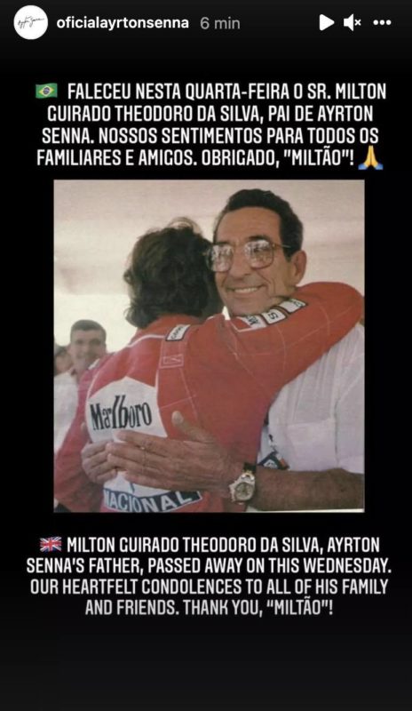 Morte do pai de Senna foi confirmada em publica&ccedil;&atilde;o nas redes sociais – Foto: Reprodu&ccedil;&atilde;o/Stories Instagram
