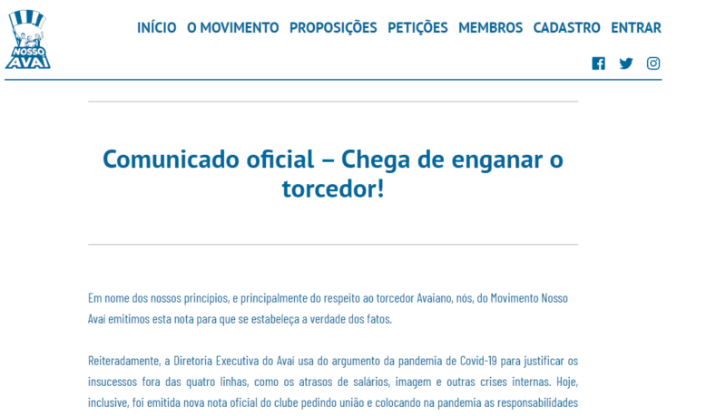Nota do movimento refuta o argumento da pandemia como origem da d&iacute;vida do Ava&iacute;. – Foto: Movimento Nosso Ava&iacute;/reprodu&ccedil;&atilde;o