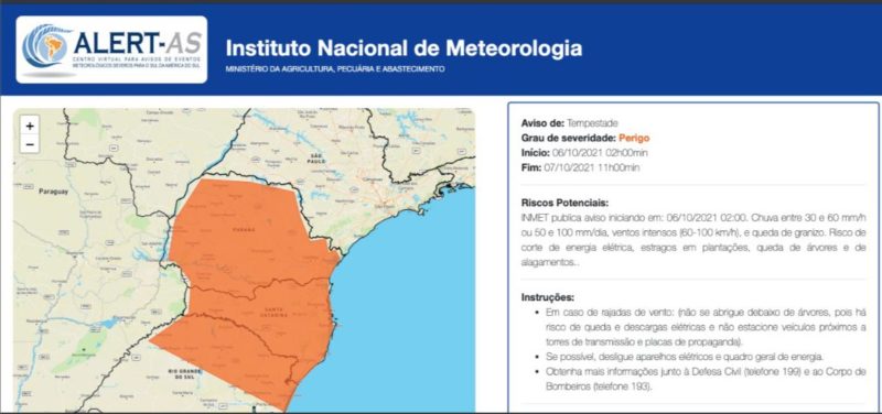 Instituto Nacional de Meteorologia emite alerta laranja para SC &#8211; Foto: Inmet/Reprodução