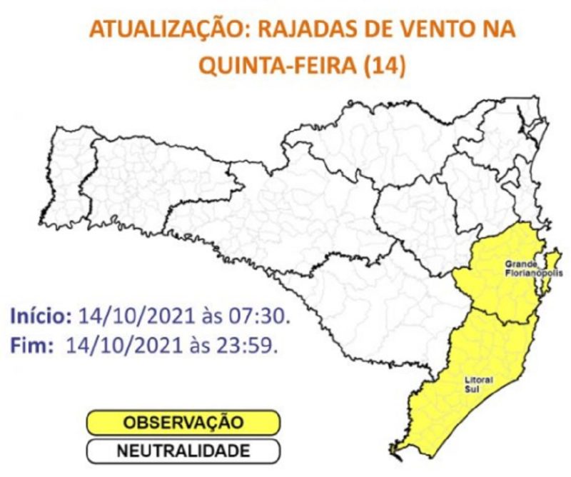 Mapa aponta para ventos fortes – Foto: Defesa Civil de SC/Divulgação/ND