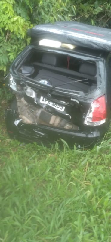 Um dos ve&iacute;culos foi parar no matagal &agrave;s margens da rodovia. – Foto: Divulga&ccedil;&atilde;o ND