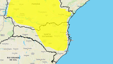 Área de SC em "Perigo Potencial", de acordo com o Inmet