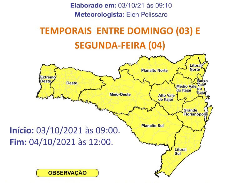 Defesa Civil alerta para temporais entre domingo (3) e segunda (4) em Santa Catarina – Foto: Defesa Civil/Divulga&ccedil;&atilde;o/ND