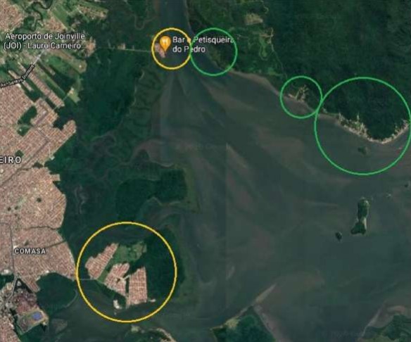 C&iacute;rculos mostram &aacute;reas que devem ser analisadas para o servi&ccedil;o de transporte hidrovi&aacute;rio – Foto: Governo de SC