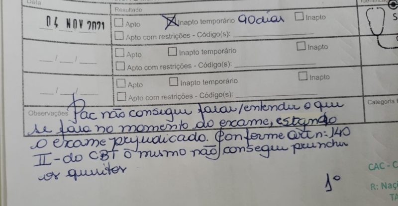 documento que diz que o pai é inapto para dirigir