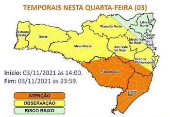 Defesa Civil acende alerta para temporais em SC nesta quarta-feira &#8211; Foto: Defesa Civil/Divulgação