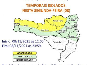 Regi&atilde;o em amarelo est&aacute; em observa&ccedil;&atilde;o para a ocorr&ecirc;ncia de fen&ocirc;menos associados a chuva forte – Foto: Defesa Civil de SC/Divulga