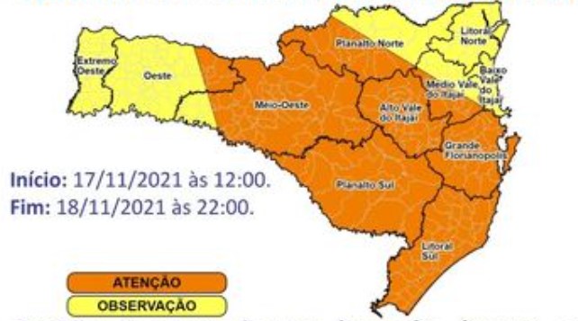 Mapa aponta locais de aten&ccedil;&atilde;o e observa&ccedil;&atilde;o para esta quinta – Foto: DCSC/Divulga&ccedil;&atilde;o/ND