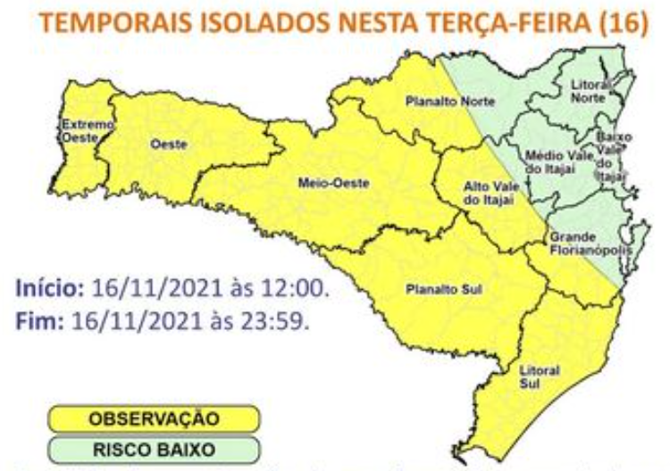 Áreas em amarelo exigem maior atenção dos moradores – Foto: DCSC/Divulgação/ND