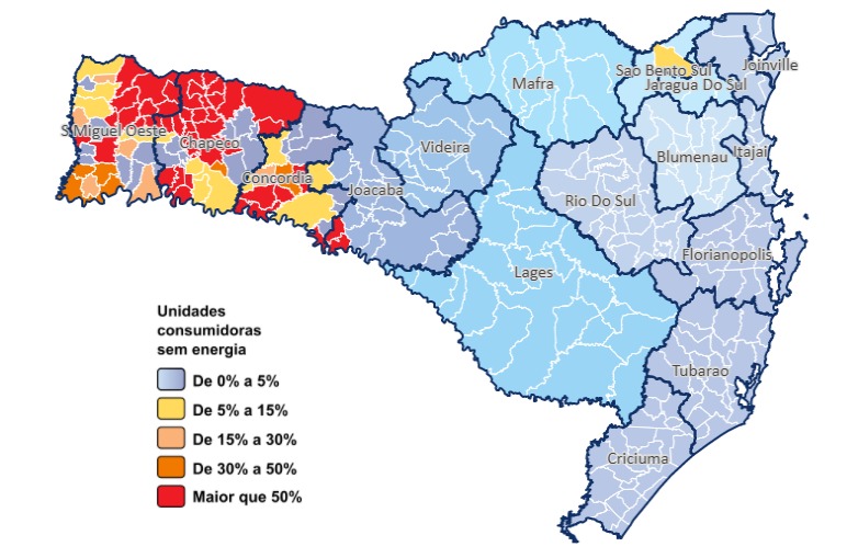 Regi&atilde;o Oeste tem cidades com Unidades sem Energia por causa de tempestade nesta quinta- feira (26); essa era a situa&ccedil;&atilde;o do mapa no final decorrer da noite da quinta-feira. – Foto: Divulga&ccedil;&atilde;o/Celesc/ ND