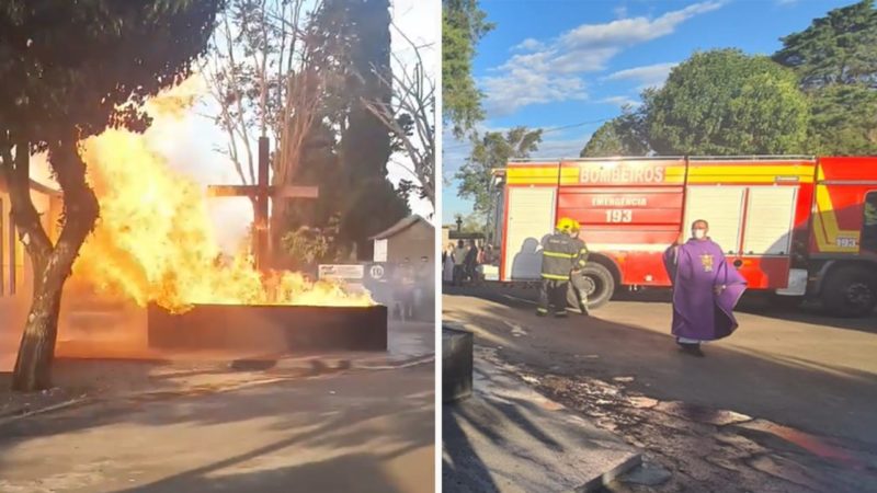 Inc&ecirc;ndio ocorreu na cruz principal, devido ao ac&uacute;mulo de combust&iacute;vel, que acabou saindo do controle – Foto: R&aacute;dio Simpatia/Reprodu&ccedil;&atilde;o/ND
