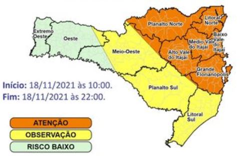 Regi&otilde;es apresentam estado de aten&ccedil;&atilde;o para chuva intensa em SC nesta quinta – Foto: Defesa Civil/Divulga&ccedil;&atilde;o/ND