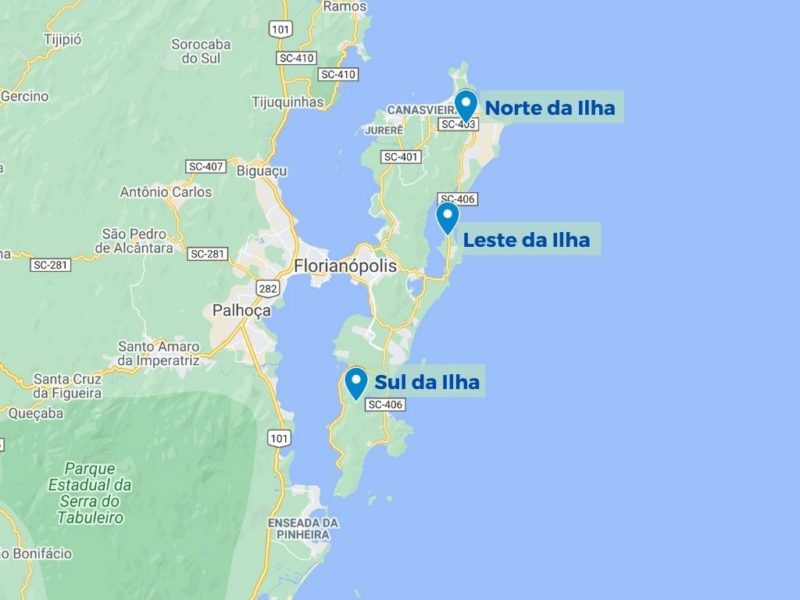 As três principais regiões de praias da Ilha são Norte, Leste e Sul &#8211; Foto: Reprodução/Google My Maps/ND