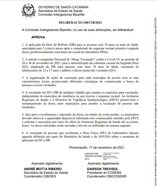 Documento lista as novas diretrizes da vacina&ccedil;&atilde;o contra a Covid-19 em Santa Catarina – Foto: CIB/Reprodu&ccedil;&atilde;o/ND