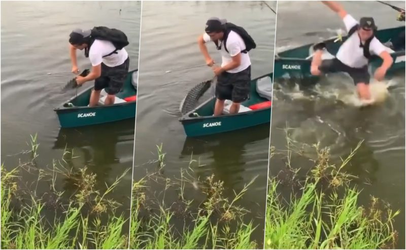 Em v&iacute;deo impactante, pescador tenta soltar crocodilo de linha e cai na &aacute;gua – Foto: Reprodu&ccedil;&atilde;o/ND