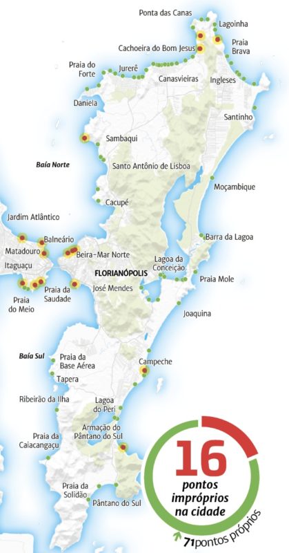 Mapa mostra os pontos de balneabilidade na Grande Florianópolis &#8211; Foto: Rogério Moreira/Arte/ND