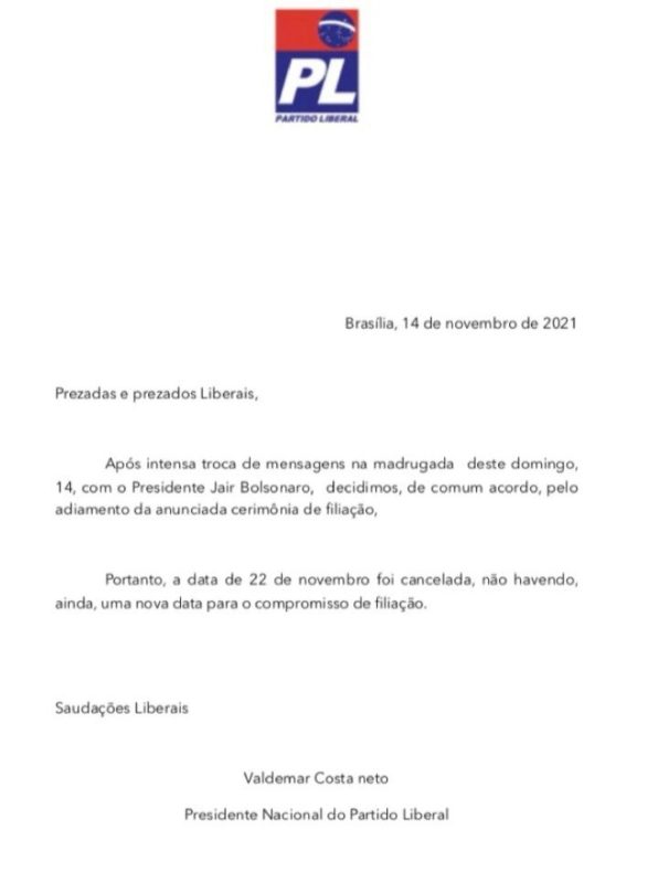 Of&iacute;cio assinado pelo presidente nacional do PL comunica o cancelamento do evento – Foto: Reprodu&ccedil;&atilde;o/ND