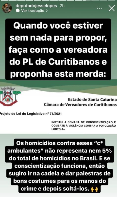 Post do deputado Jessé Lopes classifica como &#8220;merda&#8221;a proposição de uma semana de combate à violência contra a população LGBTQIA+ &#8211; Foto: Divulgação/Redes Sociais