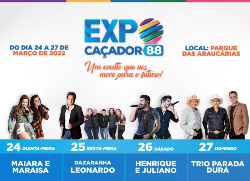 Os shows nacionais da ExpoCa&ccedil;ador88 foram confirmados pela organiza&ccedil;&atilde;o do evento – Foto: Prefeitura de Ca&ccedil;ador/ND