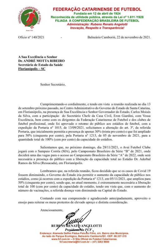 FCF pede a libera&ccedil;&atilde;o de 100% de p&uacute;blico na Ressacada – Foto: FCF/divulga&ccedil;&atilde;o/ND