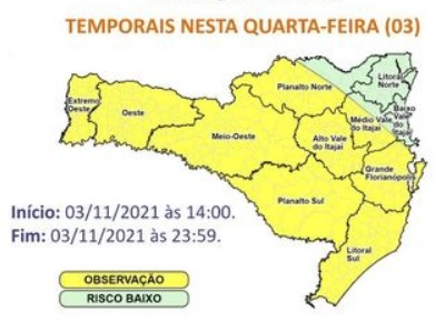 Aviso da Defesa Civil estadual – Foto: Defesa Civil SC/Divulga&ccedil;&atilde;o/ND