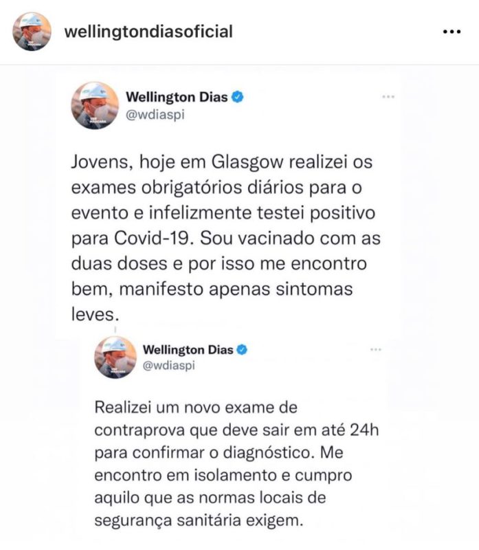 Governador do Piau&iacute;, Wellington Dias testou positivo para a Covid-19 durante a COP-26 – Foto: Reprodu&ccedil;&atilde;o/Redes Sociais/ND