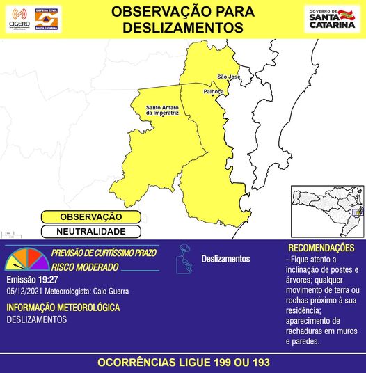 Risco moderado para deslizamentos em cidades da Grande Florianópolis &#8211; Foto: Defesa Civil/divulgação