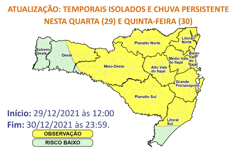 Regiões em amarela estão em observação, com risco moderado para os fenômenos &#8211; Foto: Defesa Civil/Divulgação/ND