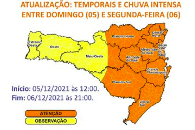 Defesa Civil alerta para temporais no domingo (5) e segunda-feira (6) em Santa Catarina &#8211; Foto: Defesa Civil/Divulgação/ND