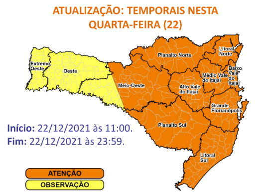 Defesa Civil alerta para temporais nesta quarta-feira (22) em Santa Catarina &#8211; Foto: Defesa Civil/Divulgação/ND