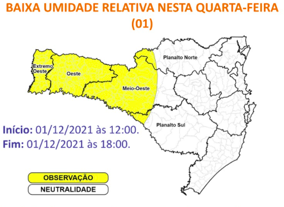 Defesa Civil emitiu alerta para baixa umidade do ar em metade da região Oeste de SC &#8211; Foto: Defesa Civil/Divulgação/ND