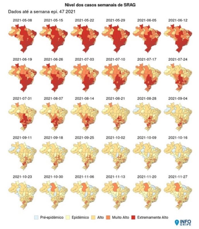 Tendência de casos são representadas neste mapa. Nas imagens mais recentes, é possível ver como o nível de casos semanais está mais baixo &#8211; Foto: Fiocruz/ Divulgação/ ND